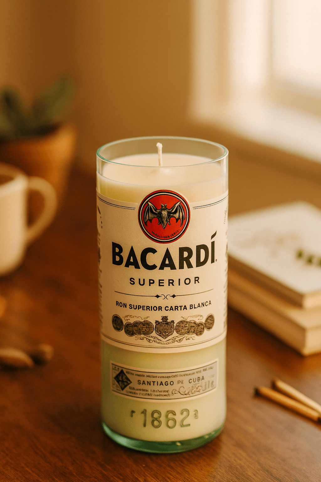 Bacardi Rum Candle - Handmade soy candle in upcycled liquor bottle