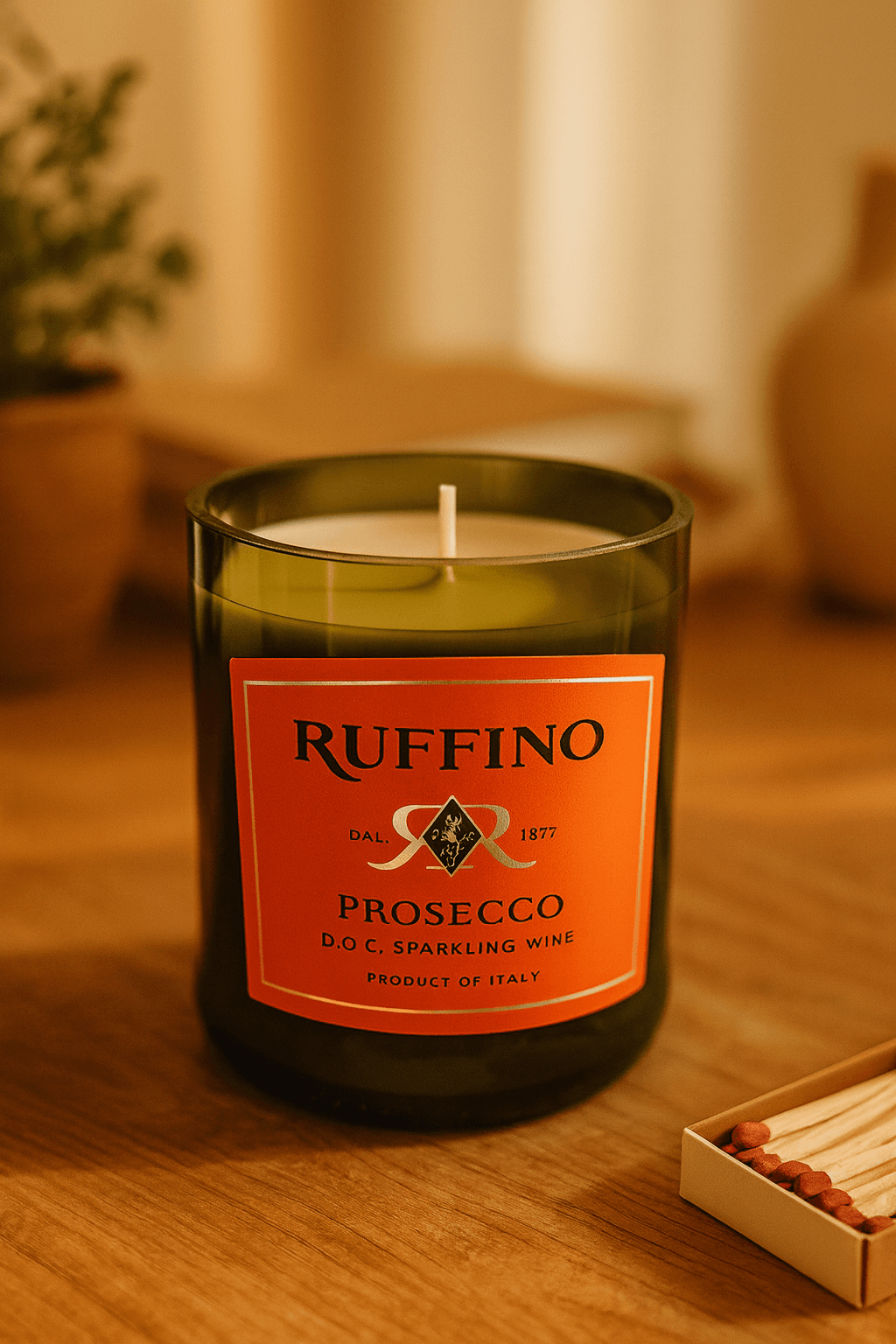 Ruffino Prosecco Candle - Handmade soy candle in upcycled liquor bottle
