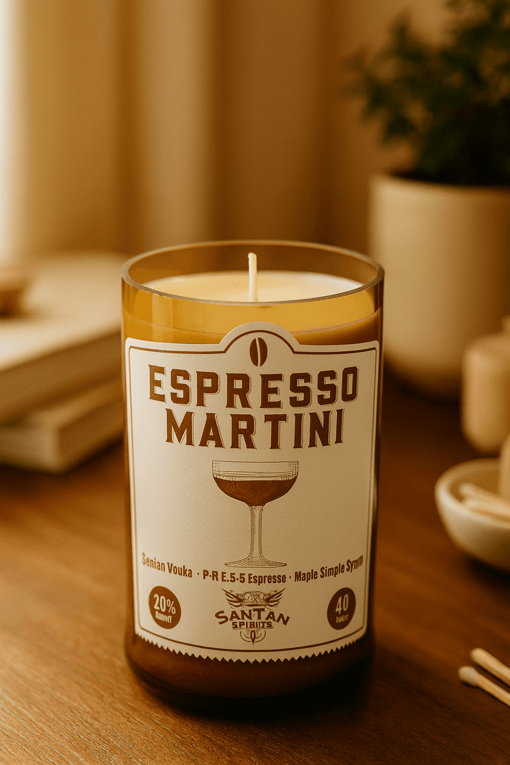 Santan Espresso Martini Candle - Handmade soy candle in upcycled liquor bottle