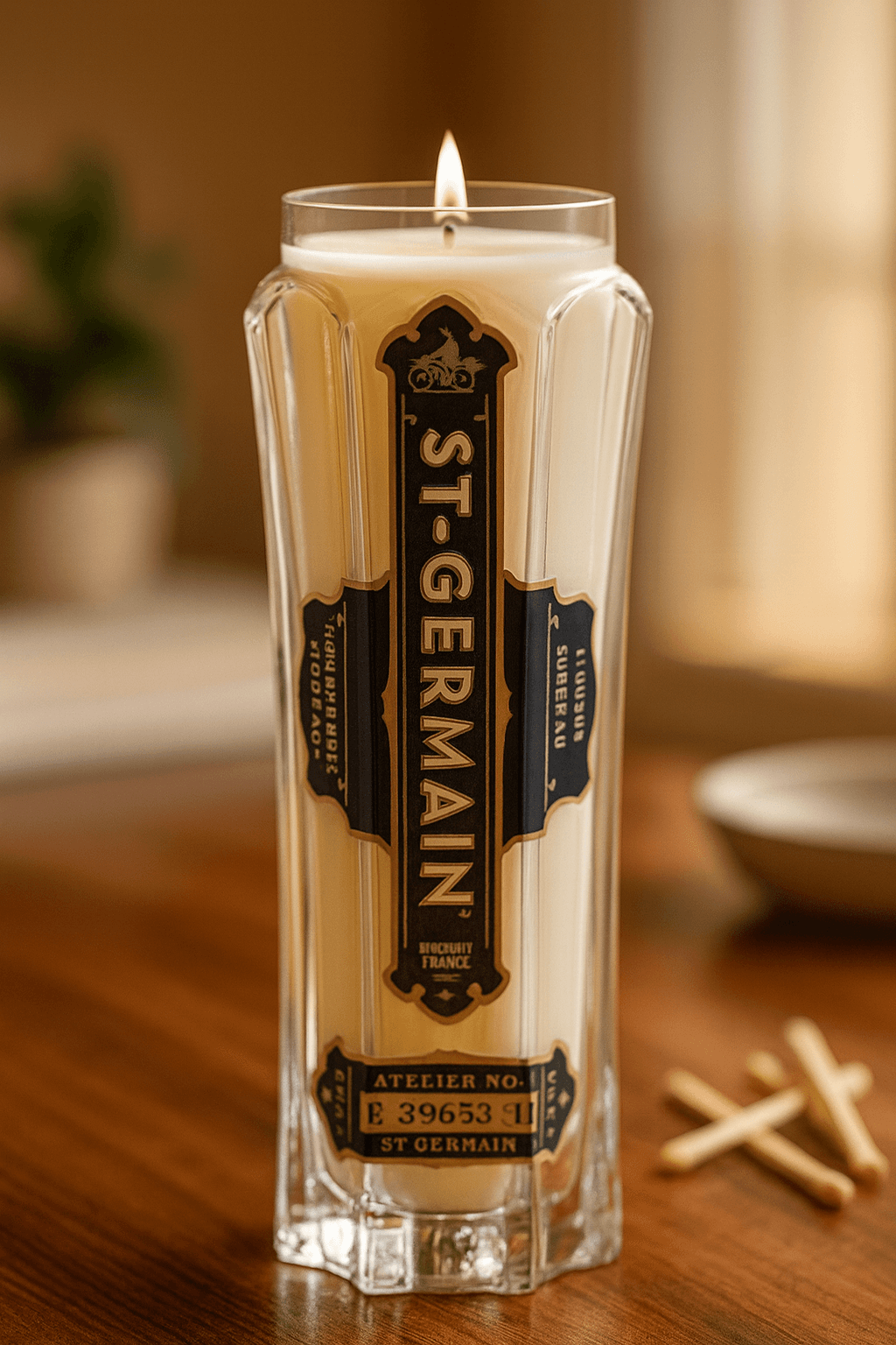 St. Germain Liqueur Candle - Handmade soy candle in upcycled liquor bottle
