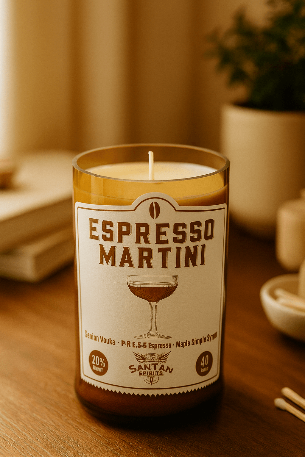 Santan Espresso Martini Candle - Hand-poured soy candle in upcycled liquor bottle